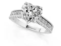Heart Cut Diamond Solitaire Ring Set in Platinum with Milgrain-Edged Pavé Band and Prong Setting