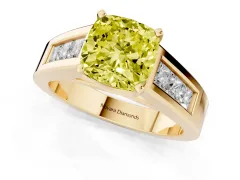 Fancy Yellow Cushion Cut Diamond Solitaire Ring Set in Yellow gold with Channel-Set Accent Stones and Prong Setting