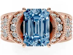 Fancy Blue Emerald Cut Diamond Milgrain Halo Pavé Engagement Ring Set in Rose gold with Prong Setting