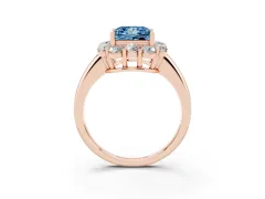Fancy Blue Princess Cut Diamond Milgrain Halo Solitaire Ring Set in Rose gold with Bezel Set Side Stones and Pavé Band