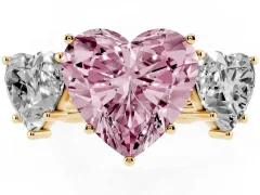 Fancy Pink Heart Cut Diamond Three-Stone Ring Set in Yellow gold with Braided Band