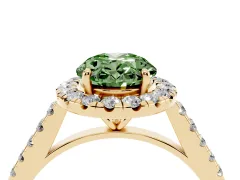 Fancy Green Oval Cut Diamond Halo Pavé Engagement Ring Set in Yellow gold with Prong Setting