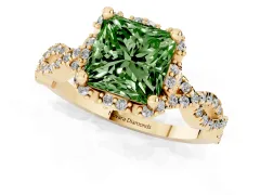 Fancy Green Princess Cut Diamond Halo Twist Band Solitaire Ring Set in Yellow gold with Prong-Set Center Stone
