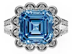 Fancy Blue Asscher Cut Diamond Floral Halo Split Shank Engagement Ring Set in Silver with Pavé Shank