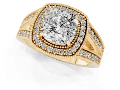 Cushion Cut Diamond Halo Ring Set in Yellow gold with Stone-Set Split Shank and Milgrain Edges