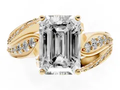 Emerald Cut Diamond Solitaire Ring Set in Yellow gold with Layered Twist Pavé Band