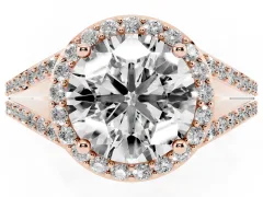 Round Cut Diamond Halo Split Shank Ring Set in Rose gold with Accent Stones and Prong Setting
