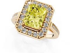 Fancy Yellow Radiant Cut Diamond Halo Ring Set in Yellow gold with Accent-Lined Split Shank and Prong Setting