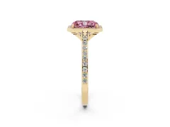 Fancy Pink Radiant Cut Diamond Halo Engagement Ring Set in Yellow gold with Round Pavé Shoulders and Heart Gallery