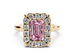 Fancy Pink Emerald Cut Diamond Cluster Halo Solitaire Ring Set in Yellow gold with Prong Setting