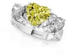 Fancy Yellow Heart Cut Diamond Three-Stone Ring Set in White gold with Textured Band