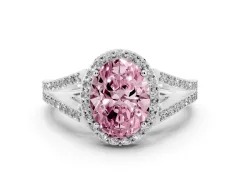Fancy Pink Oval Cut Diamond Halo Split Shank Pavé Ring Set in Platinum with Prong Setting