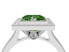 Fancy Green Princess Cut Diamond Halo Milgrain Pavé Band Ring Set in White gold with Prong Setting
