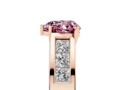 Fancy Pink Heart Cut Diamond Solitaire Ring Set in Rose gold with Channel-Set Accent Stones and Prong Setting