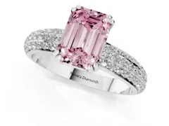Fancy Pink Emerald Cut Diamond Solitaire Ring Set in Platinum with Multi-Row Round Pavé Band and Prong Setting