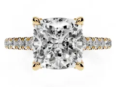 Cushion Cut Diamond Solitaire Ring Set in Yellow gold with Brilliant Pavé Band and Prong Setting