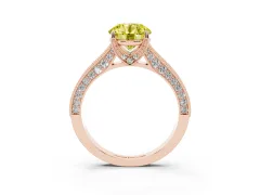 Fancy Yellow Round Cut Diamond Solitaire Ring Set in Rose gold with Milgrain-Edged Pavé Band and Prong Setting