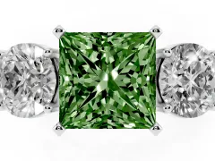 Fancy Green Princess Cut Diamond Three-Stone Ring Set in Platinum with Round Side Stones and Classic Band