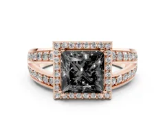 Fancy Black Princess Cut Diamond Halo Ring Set in Rose gold with Double Pavé Split Shank