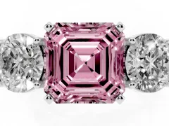 Fancy Pink Asscher Cut Diamond Three-Stone Ring Set in Platinum with Round Side Stones and Classic Band