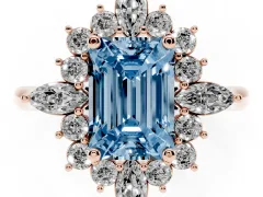 Fancy Blue Emerald Cut Diamond Cluster Halo Ring Set in Rose gold with Marquise and Round Accents