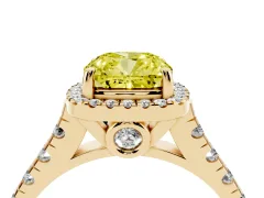 Fancy Yellow Cushion Cut Diamond Halo Engagement Ring Set in Yellow gold with Pavé Band and Prong-Set Center