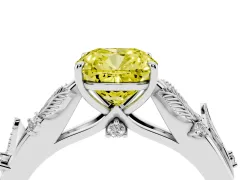 Fancy Yellow Cushion Cut Diamond Solitaire Ring Set in Platinum with Leaf Motif Band