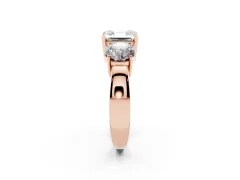 Asscher Cut Diamond Three-Stone Ring Set in Rose gold with Round Side Stones and Classic Band