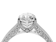 Marquise Cut Diamond Solitaire Ring Set in White gold with Milgrain-Edged Pavé Band and Prong Setting