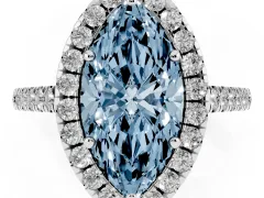 Fancy Blue Marquise Cut Diamond Pavé Halo Engagement Ring Set in Platinum with Pavé Band and Prong Setting