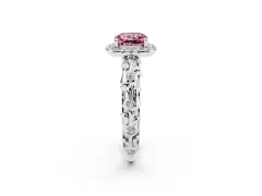 Fancy Pink Cushion Cut Diamond Halo Ring Set in Platinum with Filigree Leaf Band and Prong Setting