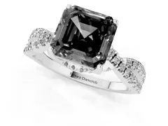 Fancy Black Asscher Cut Diamond Twist Pavé Solitaire Engagement Ring Set in Silver with Prong Setting