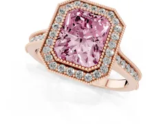 Fancy Pink Radiant Cut Diamond Halo Milgrain Pavé Band Ring Set in Rose gold with Prong Setting