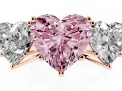 Fancy Pink Heart Cut Diamond Three-Stone Ring Set in Rose gold with Textured Band
