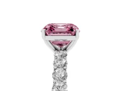 Fancy Pink Asscher Cut Diamond Solitaire Ring Set in Silver with Shared Prong Pavé Band
