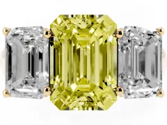 Fancy Yellow Emerald Cut Diamond Three-Stone Ring Set in Yellow gold with Plain Polished Band