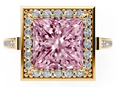 Fancy Pink Princess Cut Diamond Halo Ring Set in Yellow gold with Accent-Lined Split Shank and Prong Setting