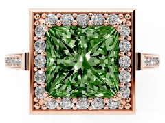 Fancy Green Princess Cut Diamond Halo Ring Set in Rose gold with Accent-Lined Split Shank and Prong Setting