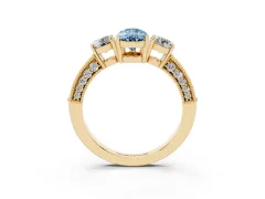 Fancy Blue Pear Cut Diamond Three-Stone Ring Set in Yellow gold with Round Side Stones and Pavé Band