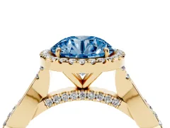 Fancy Blue Round Cut Diamond Halo Twist Band Solitaire Ring Set in Yellow gold with Prong Setting