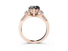 Fancy Black Heart Cut Diamond Three-Stone Ring Set in Rose gold with Pavé Band and Smaller Side Stones