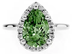 Fancy Green Pear Cut Diamond Halo Engagement Ring Set in White gold with Pavé Band and Rising Shoulders