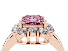 Fancy Pink Princess Cut Diamond Milgrain Halo Solitaire Ring Set in Rose gold with Bezel Set Side Stones and Pavé Band