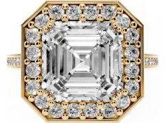 Asscher Cut Diamond Halo Ring Set in Yellow gold with Accent-Lined Split Shank and Prong Setting