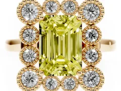 Fancy Yellow Emerald Cut Diamond Cluster Halo Ring Set in Yellow gold with Milgrain Bezel Accents and Plain Band