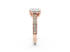 Asscher Cut Diamond Solitaire Ring Set in Rose gold with Milgrain-Edged Pavé Band and Prong Setting
