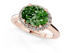 Fancy Green Oval Cut Diamond Halo Engagement Ring Set in Rose gold with Pavé Band and Rising Shoulders