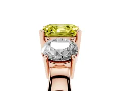 Fancy Yellow Asscher Cut Diamond Three-Stone Ring Set in Rose gold with Round Side Stones and Classic Band