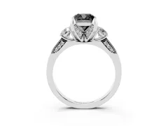 Fancy Black Cushion Cut Diamond Three-Stone Ring Set in White gold with Pavé Band and Smaller Side Stones
