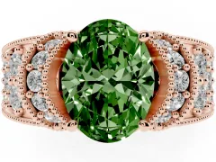 Fancy Green Oval Cut Diamond Milgrain Halo Pavé Engagement Ring Set in Rose gold with Prong Setting